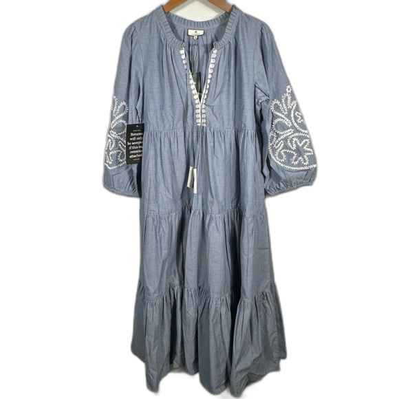 Tuckernuck Cotton Chambray Embroidered Salty Paloma Caftan Dress NWT Size Small - Picture 2 of 16